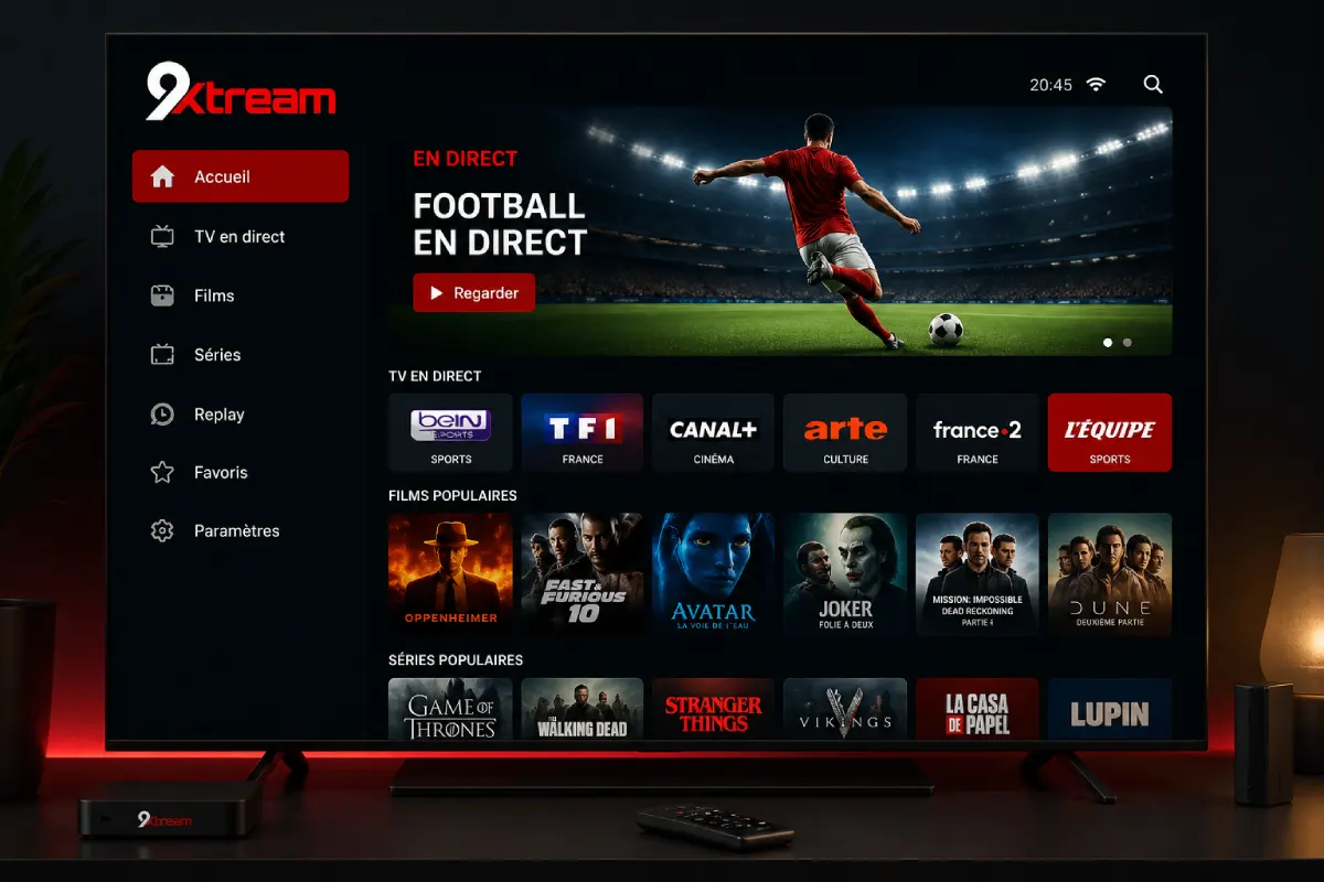 Abonnement 9xtream 4K : interface Smart TV avec TV en direct, films et séries populaires
