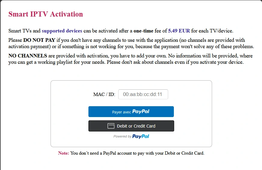 Activation de Smart IPTV : licence unique de 5,49 € par appareil, réglée via l'adresse MAC