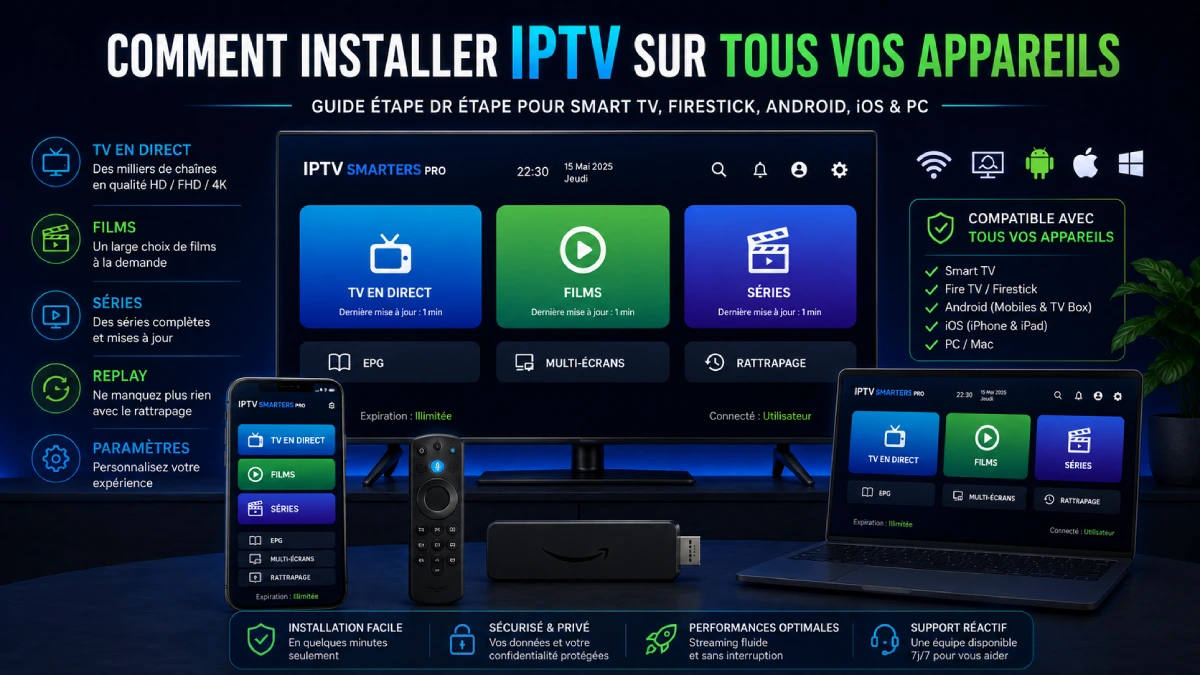 IPTV Smarters Pro installé sur smartphone, Fire TV Stick et Smart TV — compatibilité multi-appareils