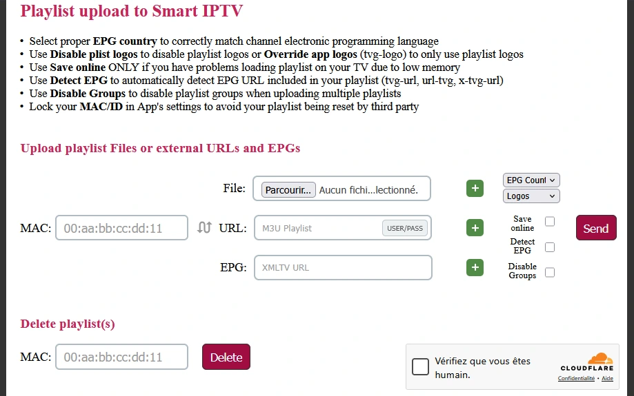 Téléverser sa liste M3U sur Smart IPTV : formulaire d'envoi avec adresse MAC, URL de playlist et EPG