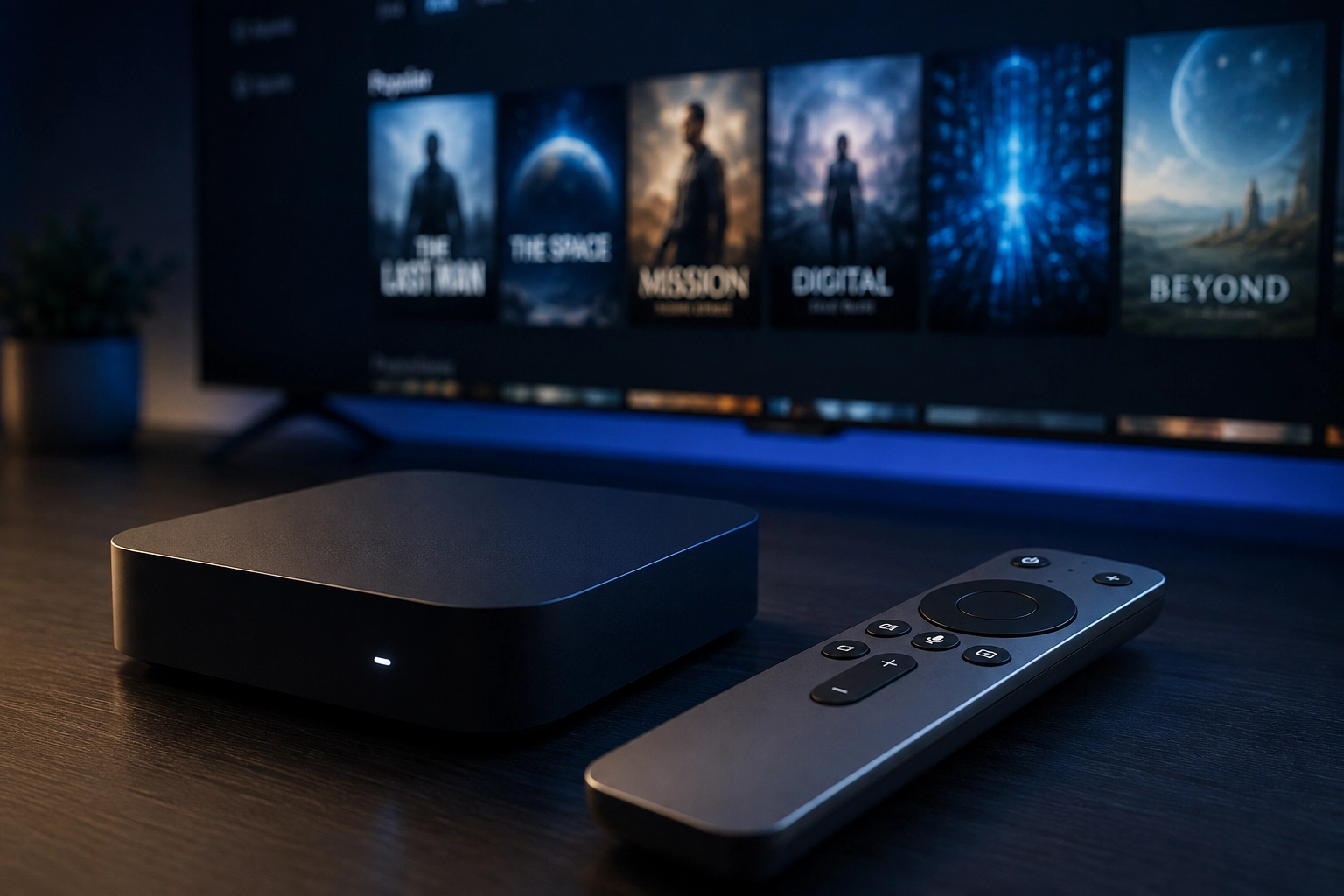 Configurer l'IPTV sur Apple TV : boîtier et télécommande devant le téléviseur