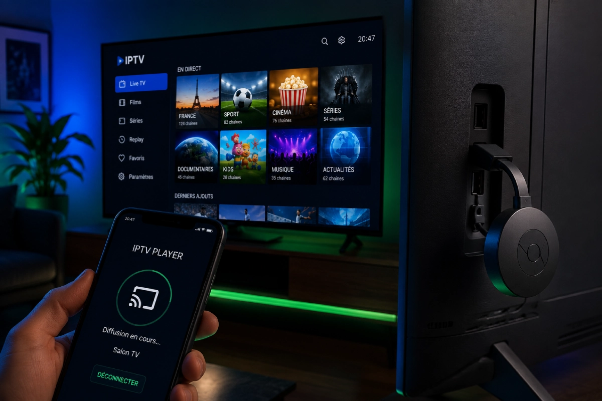 Caster l'IPTV avec Chromecast : dongle HDMI branché sur la TV et diffusion depuis smartphone