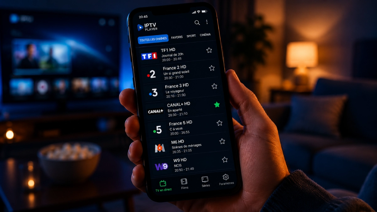 Application IPTV sur iPhone : liste des chaînes affichée sur smartphone