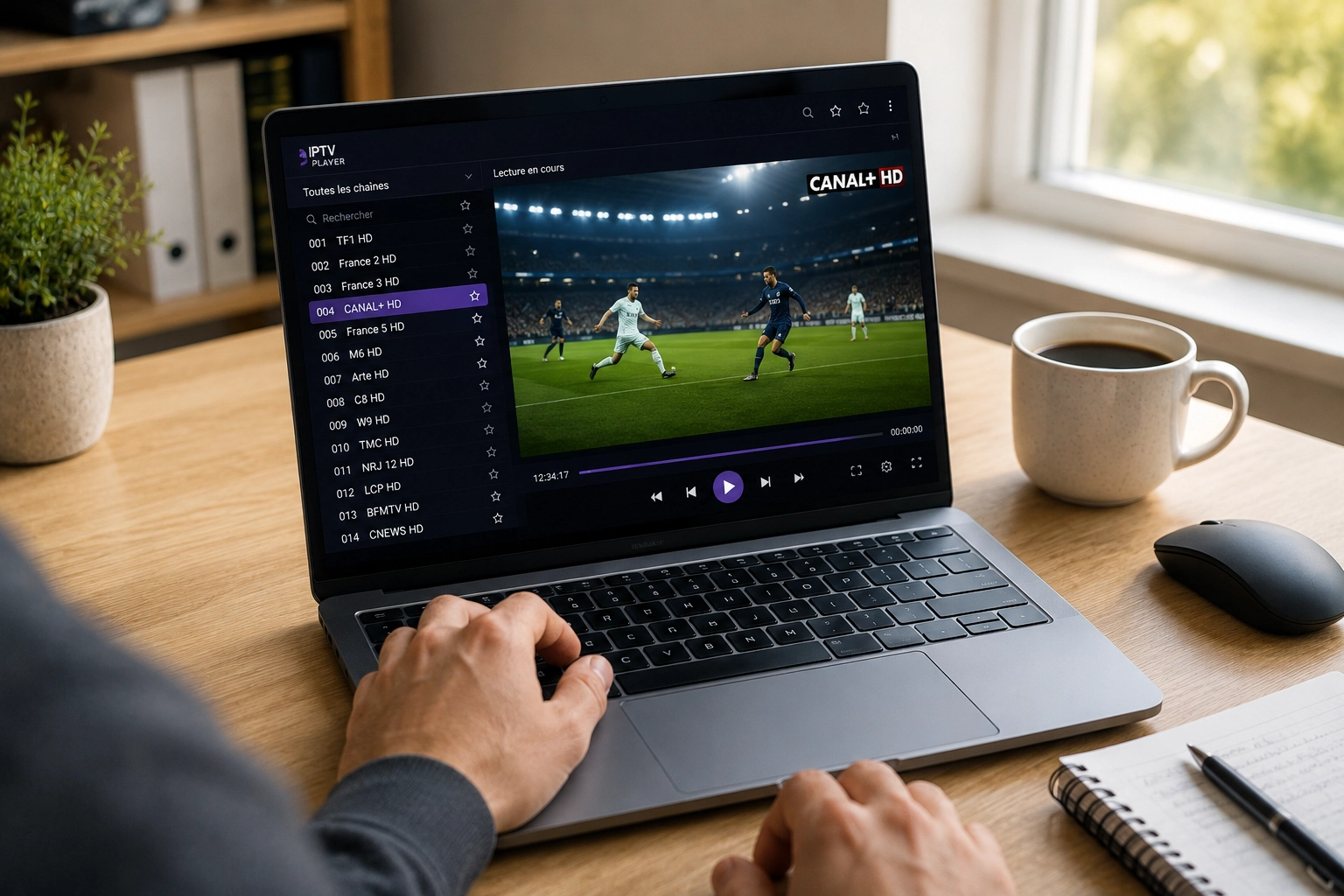 Regarder l'IPTV sur PC Windows : lecteur IPTV ouvert sur un ordinateur portable