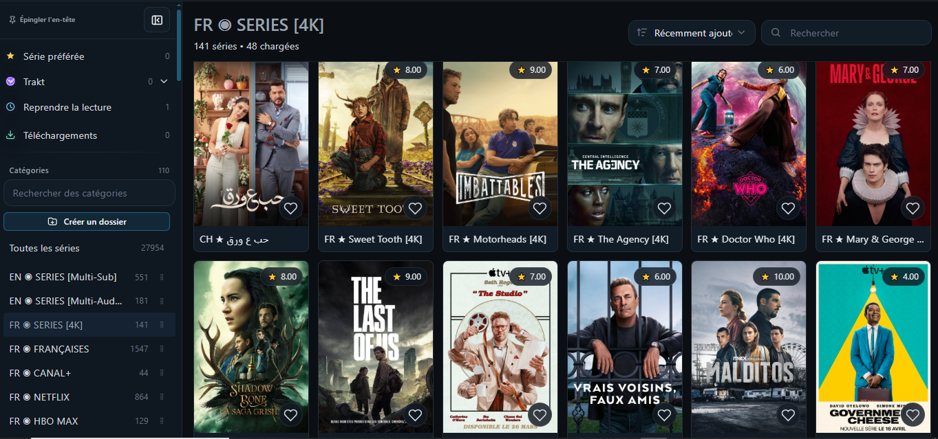 Interface IPTV 4K — catalogue de séries FR en Ultra HD, organisé par catégorie avec notes et vignettes