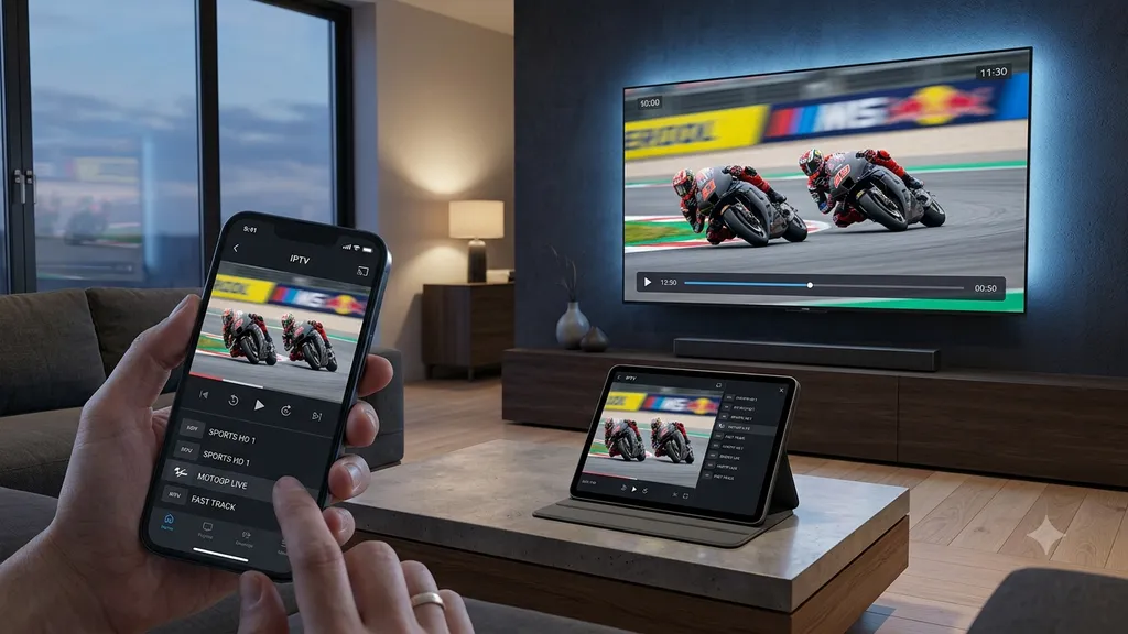 Abonnement IPTV MotoGP affiché sur Smart TV, tablette et smartphone