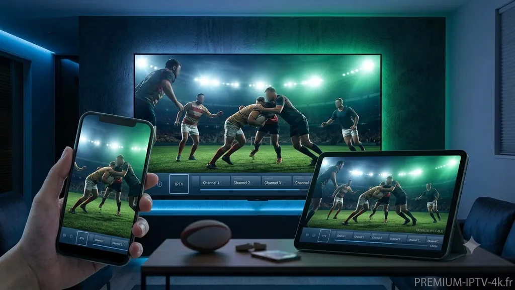 Match de rugby en IPTV affiché sur Smart TV, tablette et smartphone