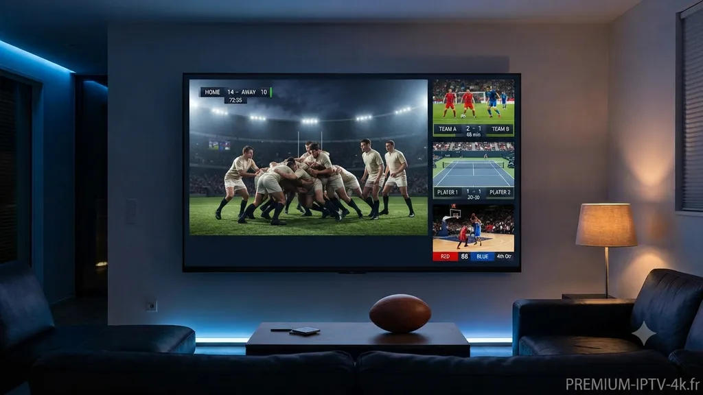 Multiplex du Top 14 suivi en IPTV rugby sur un téléviseur 4K de salon