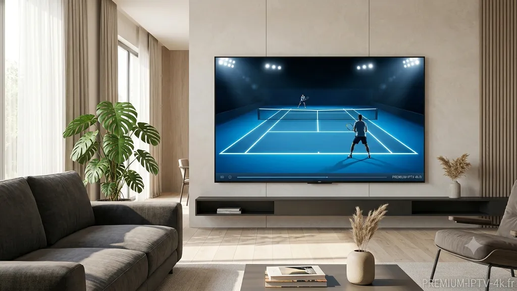 Match de tennis diffusé en 4K via IPTV sur une Smart TV dans un salon