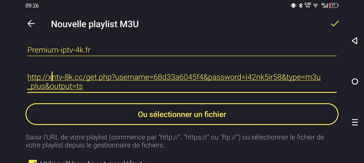 Saisie de l'URL M3U Premium IPTV 4K dans Televizo avec nom de playlist renseigné
