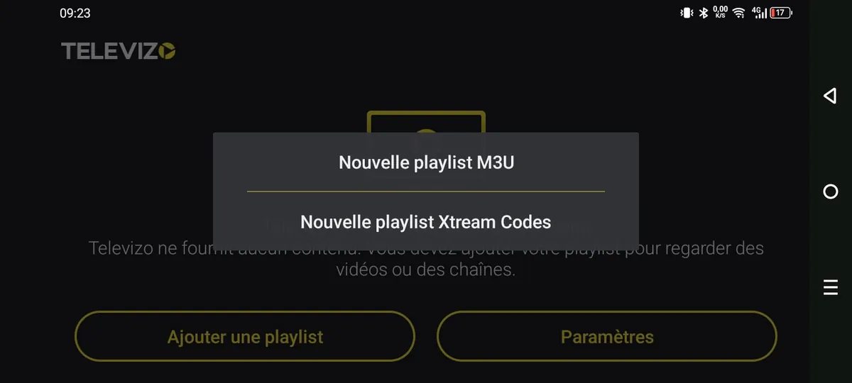 Menu Televizo proposant le choix entre nouvelle playlist M3U et nouvelle playlist Xtream Codes