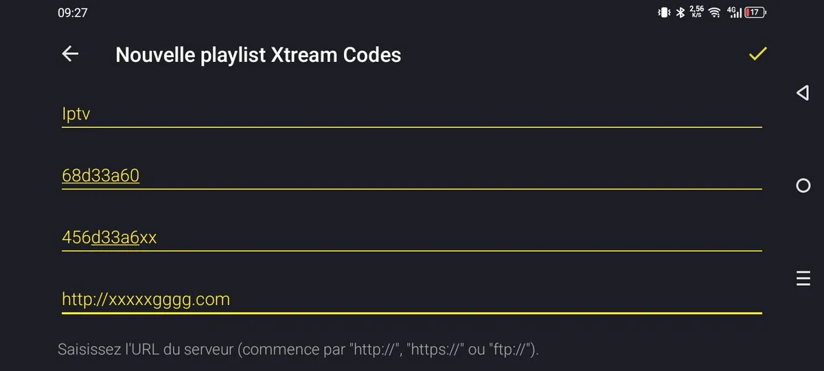 Configuration d'un abonnement IPTV via Xtream Codes dans Televizo avec identifiants saisis