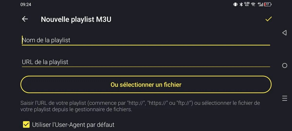 Formulaire de création d'une playlist M3U dans Televizo avec champs nom et URL