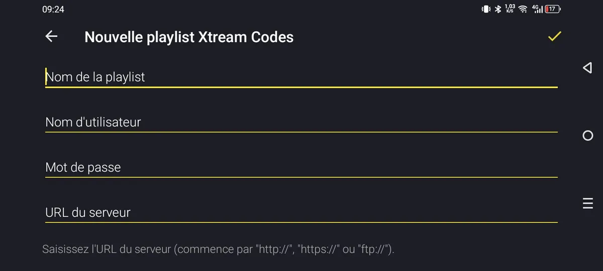 Formulaire Xtream Codes dans Televizo avec champs nom d'utilisateur, mot de passe et URL du serveur