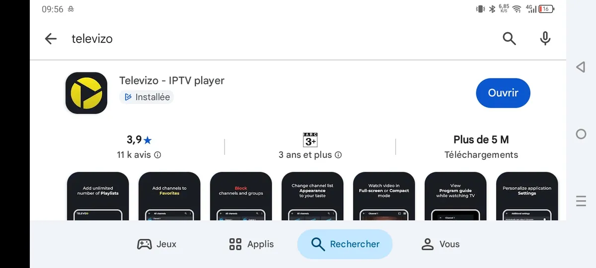 Application Televizo IPTV Player sur Google Play Store avec note 3,9 étoiles et plus de 5 millions de téléchargements